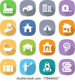 flat vector icon set - mansion vector, warehouse, district, measuring tape, real estate, bungalow, tent, home, bath, garage, fireplace, elecric oven, clean window, woman with duster, cleaner, towel