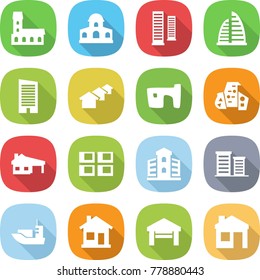 flat vector icon set - mansion vector, skyscrapers, skyscraper, houses, slum, modern architecture, house with garage, panel, building, district, sea shipping, home
