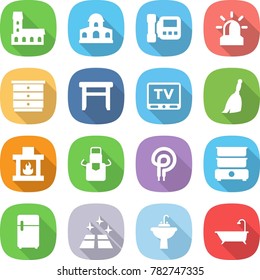 flat vector icon set - mansion vector, intercome, alarm, chest of drawers, stool, tv, broom, fireplace, apron, elecric oven, double boiler, fridge, clean floor, water tap sink, bath