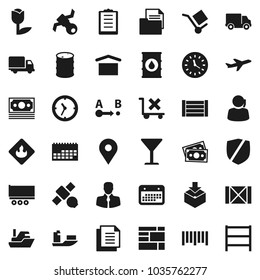 Flat vector icon set - map pin vector, plane, satellite, money, support, client, ship, truck trailer, delivery, clock, calendar, wood box, consolidated cargo, clipboard, document, glass, dry, tulip
