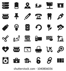 Flat vector icon set - map pin vector, office, phone 24, ship, no trolley, tulip, route, Railway carriage, link, thumbtack, battery, hdmi, doctor bag, heart cross, thermometer, scissors, tooth, undo