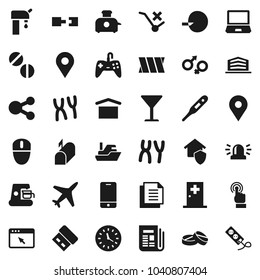 Flat vector icon set - map pin vector, plane, ship, clock, document, glass, dry cargo, no trolley, newspaper, mobile phone, touchscreen, thermometer, gender sign, insemination, pills, chromosomes