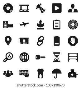 Flat vector icon set - map pin vector, plane, clipboard, umbrella, flammable, shelving, Railway carriage, film frame, disk, satellitie, link, group, battery, play button, sand clock, tooth, firewall