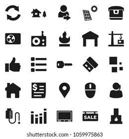 Flat vector icon set - map pin vector, support, receipt, warehouse, flammable, radio, equalizer, finger up, drop counter, menu, home, refresh, loading, login, key, chalet, solar panel, ari condition