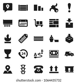 Flat vector icon set - map pin vector, attention, satellite, money, traffic light, phone, 24, tracking, truck trailer, sea container, car, calendar, port, wood box, consolidated cargo, glass, package