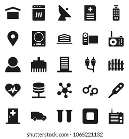 Flat vector icon set - map pin vector, car, dry cargo, satellite antenna, remote control, social media, stop button, rca, heart pulse, thermometer, vial, gender sign, anamnesis, medical room, fence