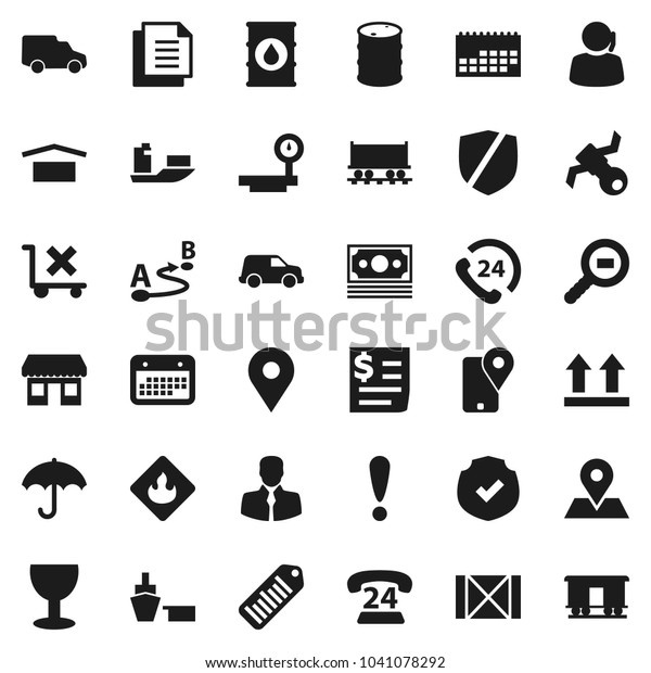 Flat vector icon set - map pin vector, Railway\
carriage, attention, office, satellite, money, phone 24, support,\
client, traking, ship, car, calendar, receipt, port, wood box,\
document, glass, route
