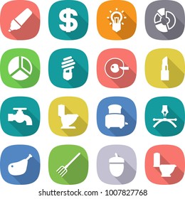 flat vector icon set - marker vector, dollar, bulb, circle diagram, cell corection, lipstick, water tap, toilet, toaster, drawing pen, chicken leg, fork, acorn