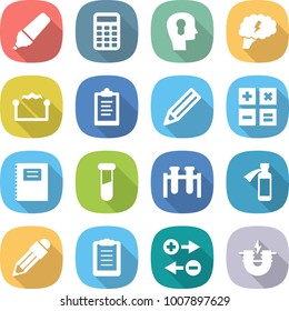 flat vector icon set - marker vector, calculator, bulb head, brain, electrostatic, clipboard, pencil, copybook, test vial, potion bottle, charge particle, electric magnet