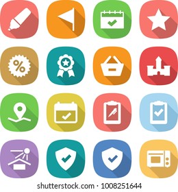 flat vector icon set - marker vector, flag, calendar, star, percent, medal, remove from basket, castle, geo pin, terms, clipboard pen, check, sun potection, protected, shield, grill oven