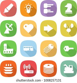 flat vector icon set - marker vector, bulb, diagram, chess horse, satellite antenna, heart, right arrow, kidneys, mansion, bus, jellyfish, key, plate washing, router, pancakes, harvester