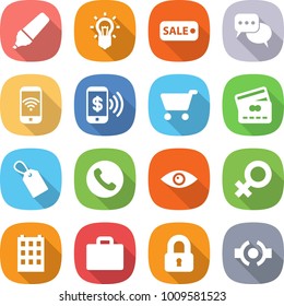 flat vector icon set - marker vector, bulb, sale, discussion, phone wireless, pay, cart, credit card, label, eye, female sign, building, suitcase, locked, connect
