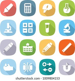 flat vector icon set - marker vector, calculator, brain, round flask, microscope, test vial, pencil, university, ruler, acid, magnetic field, charge particle, electric magnet