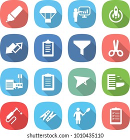 flat vector icon set - marker vector, parachute, presentation, rocket, up down arrow, clipboard, funnel, scissors, mall, deltaplane, hotel, welding, clothespin, woman with duster, list