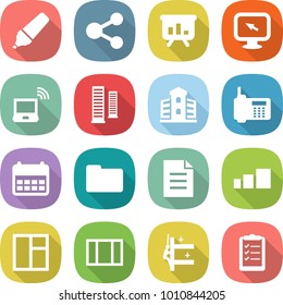 flat vector icon set - marker vector, share, presentation, monitor arrow, notebook wireless, skyscrapers, building, phone, calendar, documents, document, sorting, window, cleaning, clipboard list