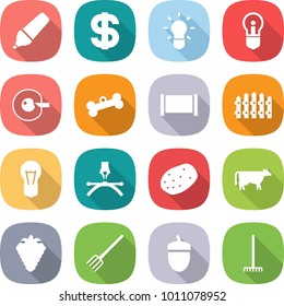 flat vector icon set - marker vector, dollar, bulb, cell corection, bone, fence, drawing pen, potato, cow, berry, fork, acorn, rake