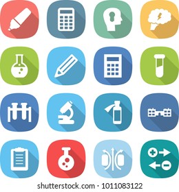 flat vector icon set - marker vector, calculator, bulb head, brain, round flask, pencil, test vial, microscope, potion bottle, school, clipboard, chemical, magnetic field, charge particle