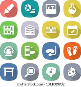 flat vector icon set - marker vector, diagram, tools, flask, modular house, office, money, terms, alarm, hotel, diving mask, flip flops, stool, data search, garden, microb