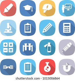 flat vector icon set - marker vector, graduate hat, brain, presentation, microscope, clipboard, pencil, calculator, test vial, potion bottle, school, chemical, electric magnet