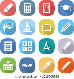 flat vector icon set - marker vector, calculator, abacus, graduate hat, presentation, microscope, electrostatic, pencil, draw compass, university, school, ruler