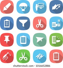 flat vector icon set - marker vector, parachute, presentation, up down arrow, clipboard, funnel, scissors, mall, pin, deltaplane, hotel, welding, clothespin, list