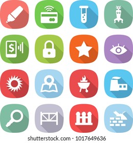 flat vector icon set - marker vector, tap to pay, vial, dna modify, mobile, lock, star, eye, sun, map, bbq, factory, magnifier, farm fence, grain elevator, construct garbage