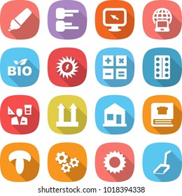 flat vector icon set - marker vector, diagram, monitor arrow, notebook globe, bio, sun power, calculator, pills blister, architector, cargo top sign, home, cooking book, mushroom, gears, scoop