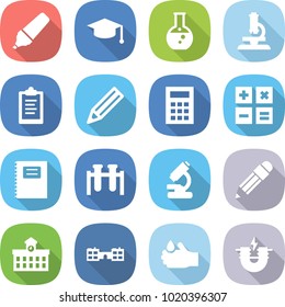 flat vector icon set - marker vector, graduate hat, round flask, microscope, clipboard, pencil, calculator, copybook, test vial, university, school, acid, electric magnet