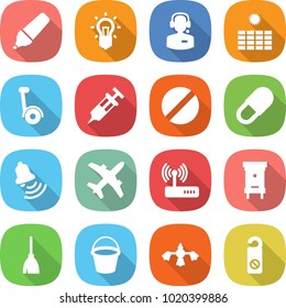 flat vector icon set - marker vector, bulb, call center, sun power, gyroscooter, syringe, pill, bell, plane, router, hive, broom, bucket, hard reach place cleaning, do not distrub
