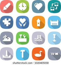 flat vector icon set - marker vector, clock, heart, notebook connect, puzzle, health care, tower, gothic architecture, surfer, repair tools, pool, laser, rocket start, hammer, goose, drying clothes