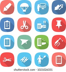 flat vector icon set - marker vector, parachute, presentation, up down arrow, clipboard, scissors, mall, pin, deltaplane, hotel, welding, clothespin, woman with duster, list