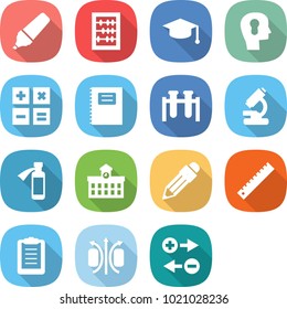 flat vector icon set - marker vector, abacus, graduate hat, bulb head, calculator, copybook, test vial, microscope, potion bottle, university, pencil, ruler, clipboard, magnetic field
