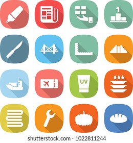 flat vector icon set - marker vector, newspaper, gift, pedestal, scalpel, bridge, ruler, pyramid, sea shipping, ticket, uv cream, plate washing, towels, wrench, pumpkin, bread