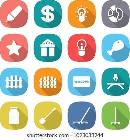 flat vector icon set - marker vector, dollar, bulb, circle diagram, star, gift, chicken leg, fence, welcome mat, drawing pen, bank, shovel, rake