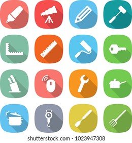 flat vector icon set - marker vector, telescope, pencil, doctors hammer, ruler, repair, key, stands for knives, wireless mouse, wrench, saute pan, steam, handle scales, spatula, fork