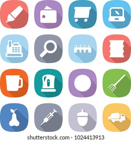 flat vector icon set - marker vector, wallet, delivery, notebook, cashbox, magnifier, bridge, barrel, cup, kettle, cookies, fork, pear, syringe, acorn, trash truck