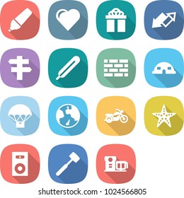 flat vector icon set - marker vector, heart, gift, up down arrow, singlepost, medical thermometer, brick wall, dome house, parachute delivery, earth, motorcycle, starfish, speaker, meat hammer