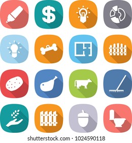 flat vector icon set - marker vector, dollar, bulb, circle diagram, bone, plan, fence, potato, chicken leg, cow, rake, harvest, acorn, toilet