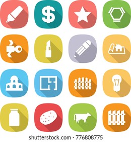 flat vector icon set - marker vector, dollar, star, hex molecule, satellite, lipstick, pencil, project, mansion, plan, fence, bulb, bank, potato, cow