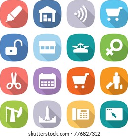 flat vector icon set - marker vector, warehouse, wireless, cart, unlock, market, scales, female sign, scissors, calendar, passenger, oil pump, rocket start, office phone, browser window