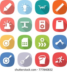 flat vector icon set - marker vector, bulb, drone, ruler, alarm, table, speaker, cutting board, pan, sim card, conveyor, robot hand, whisk, foam bucket, vacuum cleaner