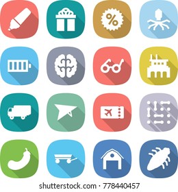 flat vector icon set - marker vector, gift, percent, virus, battery, brain, pacemaker, factory, shipping, deltaplane, ticket, circuit, eggplant, trailer, barn, bug