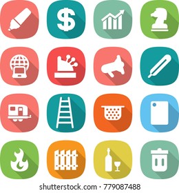 flat vector icon set - marker vector, dollar, diagram, chess horse, notebook globe, cashbox, megafon, medical thermometer, trailer, ladder, colander, cutting board, fire, fence, wine, trash bin