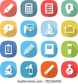flat vector icon set - marker vector, calculator, abacus, bulb head, brain, presentation, microscope, electrostatic, clipboard, pencil, copybook, test vial, potion bottle, ruler, chemical