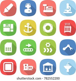 flat vector icon set - marker vector, call center, cashbox, microscope, consolidated cargo, anchor, lifebuoy, radiator, sim card, conveyor, robot hand, cutting board, food processor, utility room