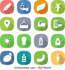 flat vector icon set - marker vector, chemical industry, liver, windmill, geo pin, loading crane, fork loader, hotel, sun, bulb, remote control, apron, lemon, spike, eggplant, carrot