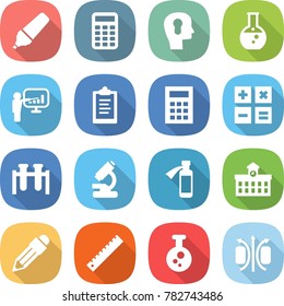 flat vector icon set - marker vector, calculator, bulb head, round flask, presentation, clipboard, test vial, microscope, potion bottle, university, pencil, ruler, chemical, magnetic field