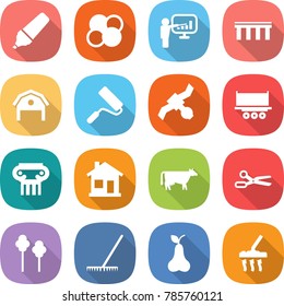 flat vector icon set - marker vector, atom core, presentation, bridge, barn, repair, satellite, truck shipping, antique column, home, cow, scissors, trees, rake, pear, vacuum cleaner