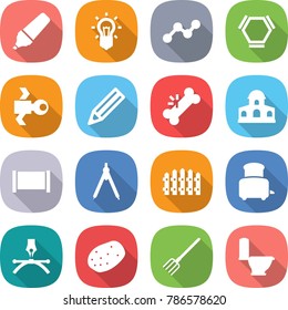 flat vector icon set - marker vector, bulb, graph, hex molecule, satellite, pencil, broken bone, mansion, fence, drawing compasses, toaster, pen, potato, fork, toilet