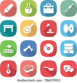 flat vector icon set - marker vector, round flask, doctor bag, syringe, table, pan, press, coil, conveyor, robot hand, cd, double boiler, thermometer, sponge with foam, brush, home call cleaning
